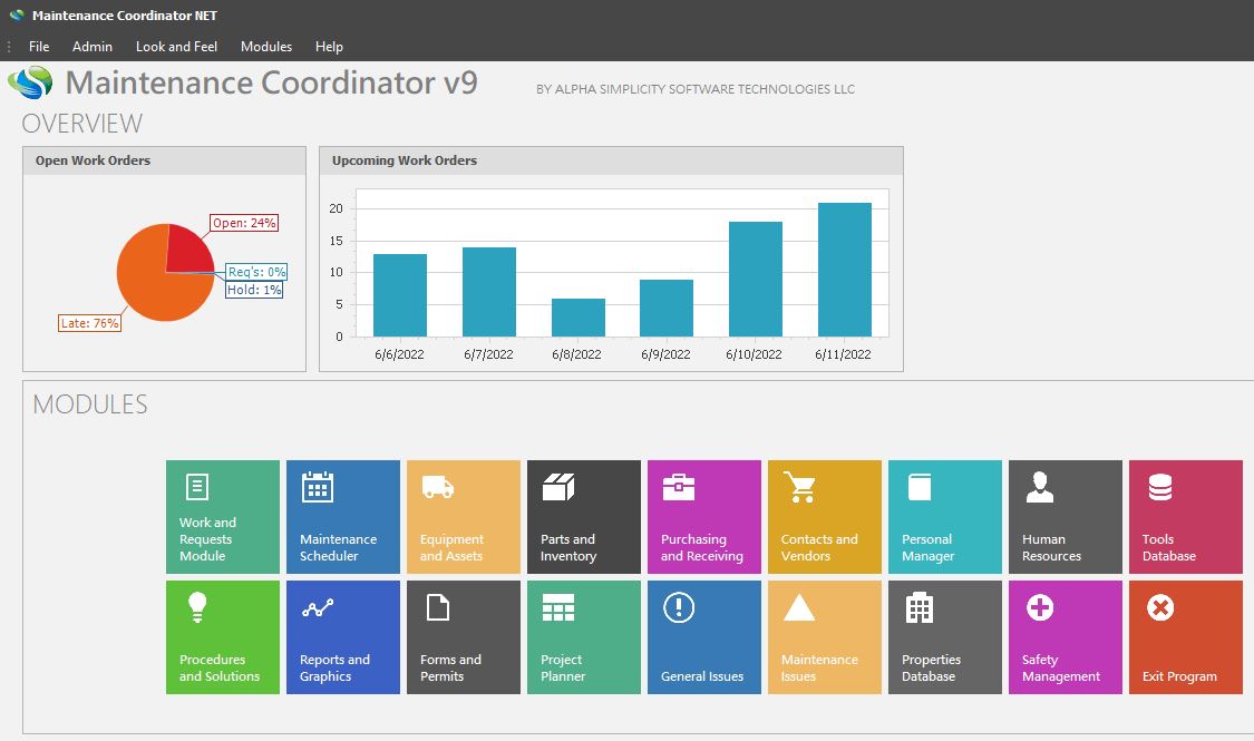 screenshot of Maintenance Coordinator V9